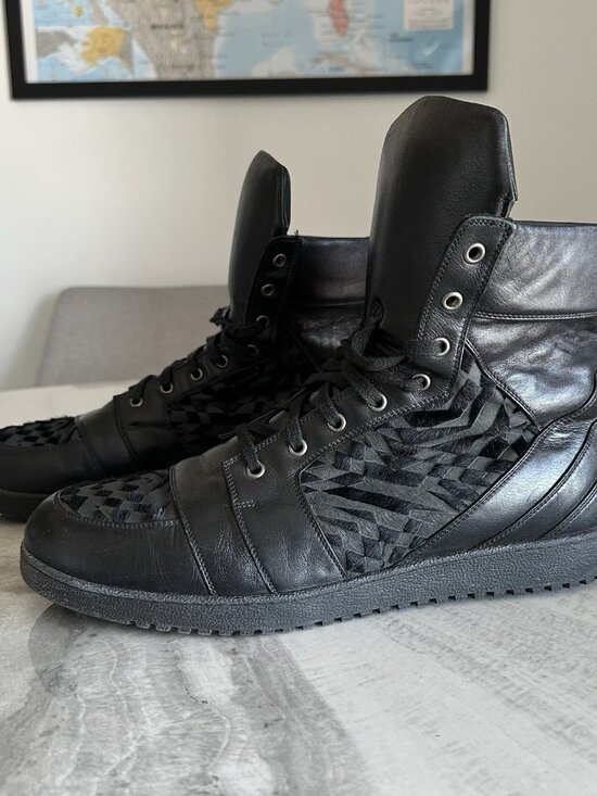 Gareth Pugh Black Leather High Top Ponyhair Trim Sneakers Boots Size 45 US12 main image 7